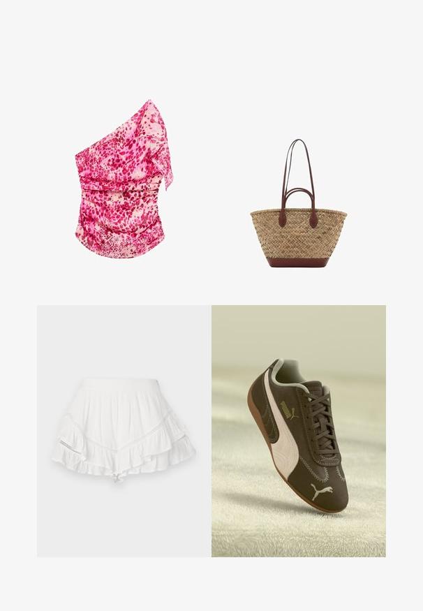 Pink, patterned one-shoulder top with ruching. Features shades of pink and cream, lightweight fabric, and a flowing design.; White skirt with layered ruffles, made of lightweight fabric. Features decorative stitching along the seams and a fitted waistband.; Brown Puma sneaker with beige stripe and logo, laced, resting on a textured beige surface.; Woven straw tote bag with braided texture, dark brown leather handles and base, wide circular shape, and open top design.