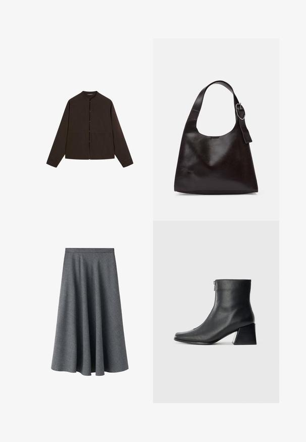 Ciemnobrązowa kurtka zapinana na guziki z okrągłym kołnierzem, długimi rękawami i gładką teksturą. Posiada pięć guzików z przodu i luźny krój.; Szara spódnica midi A-linia wykonana z teksturowanej mieszanki wełny. Posiada wysoką talię i swobodny, rozkloszowany kształt.; Czarne skórzane botki za kostkę z kwadratowym noskiem, bocznym zamkiem błyskawicznym i słupkowym obcasem na jasnym tle.; Brązowa skórzana torba na ramię o gładkiej teksturze, zaokrąglonym kształcie, szerokim pasku i okrąłym metalowym akcentem na uchwycie.