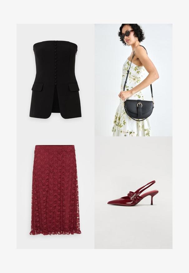 ONLY ONLELLY LIFE - Bluse - black; Burgunderfarget blondeskjørt med blomsterdesign, semi-gjennomsiktig stoff og volangkant. En elastisk midje gir komfort og fleksibilitet.; Røde patentleder slingback hæle med spids tå, to spænde stropper og en slank, mellemhøj stiletto hæl. Glat tekstur.; Svart lærveske med en buet form, avtagbar stropp og gullbeslag. Vesken har et klaff med spenne-detall.