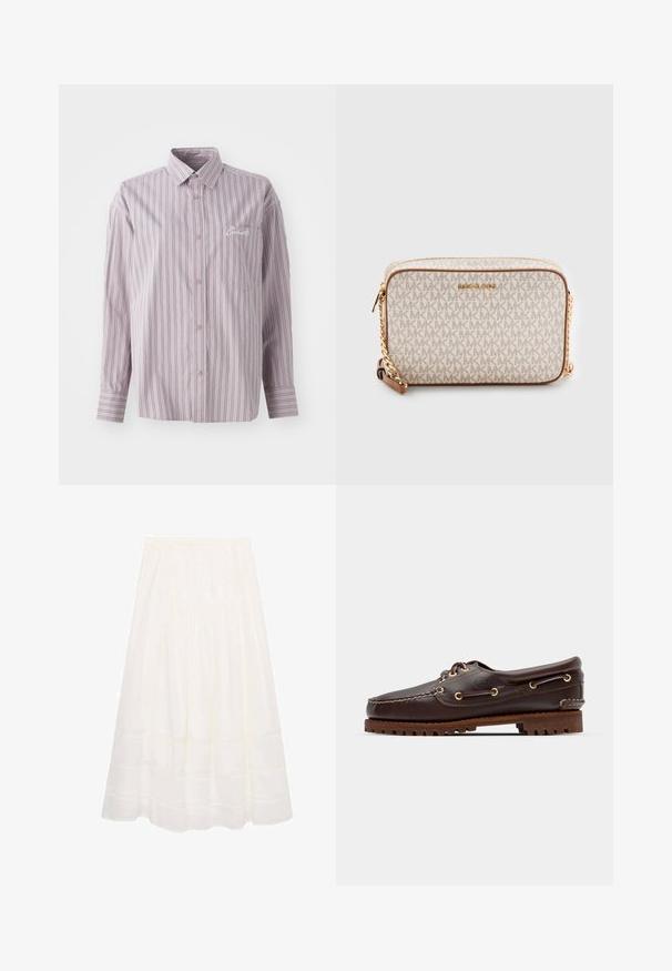 Button-up shirt in lavender with vertical stripes in dark gray. Features a small chest pocket and embroidered logo on the left side.; White, midi-length skirt made of lightweight fabric with a gathered waist, featuring subtle horizontal seam details and a flowy silhouette.; Brown leather boat shoe with gold eyelets, round laces, and a textured brown rubber sole. Features stitched detailing and a raised logo.; Beige crossbody bag made of canvas with a repeating MK logo pattern, gold hardware, and a chain strap. Features a zip closure and leather accents.