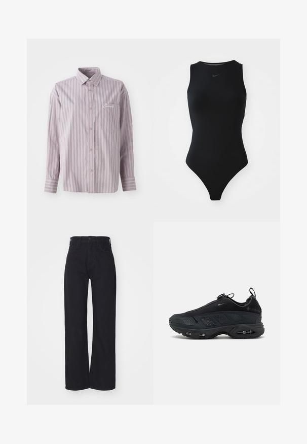 Košeľa na gombíky v levanduľovej farbe s vertikálnymi pruhmi v tmavošedej. Obsahuje malú náprsníkovú kapsu a vyšitý logo na ľavej strane.; Čierny jednodielny plavky bez rukávov s vysokým golierom, elegantným dizajnom a logom Nike na hrudi. Vyrobené z hladkej, elastickej tkaniny.; Čierne široké džíny s vysokým pásom, so zapínaním na prednom gombíku a zips, pútkami na opasok a dvoma prednými vreckami na bielom pozadí.; Čierne tenisky s textúrovaným sieťovaným horným dielom, gumenou podrážkou a viditeľným vzduchovým odpružením. Obsahujú popruhy a perforované akcenty pre lepšiu priedušnosť.