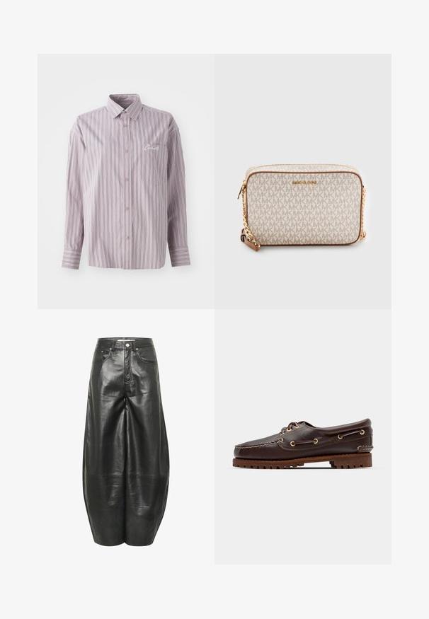 Srajca s preklopom v sivkastem lila odtenku z navpičnimi temno sivimi črtami. Ima majhen žep na prsih in vezeno logo na levi strani.; Črne usnjene hlače širokega kroja z gladko teksturo, sprednjimi žepi in visokim pasom. Imajo vidno šivanje in gumbasto zapiranje.; Rjave usnjene čolnarske čevlje z zlatimi očesi, okroglicami in teksturiranim rjavim gumijastim podplatom. Ima šivano podrobno obdelavo in dvignjen logotip.; Bežna torba preko ramena, izdelana iz platna z ponavljajočim se vzorcem MK logotipa, zlato kovinsko okovje in verižni pas. Ima zadrgo in usnjene detajle.