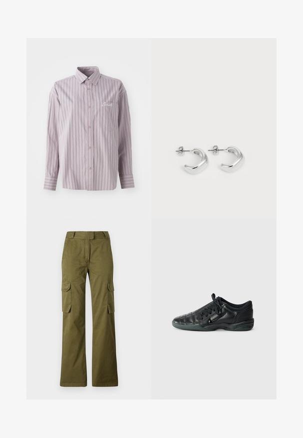 Button-up shirt in lavender with vertical stripes in dark gray. Features a small chest pocket and embroidered logo on the left side.; Olive green cargo pants made of cotton blend, featuring a straight leg design, two side pockets, and a button waist closure.; Black leather athletic shoe with a quilted design, rounded toe, lace-up front, and rubber sole. Features subtle branding on the side.; Silver hoop earrings with a smooth, polished finish. Round shape with a slightly curved design and blended edges. Pin back closure.