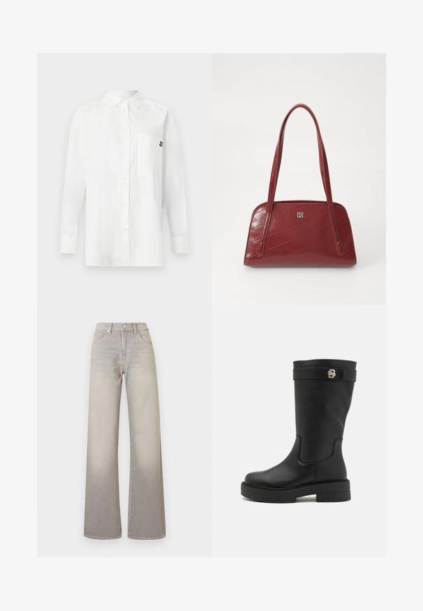 Hvit langermet skjorte laget av bomull-blandingsstoff, med krage som kan kneppes ned, frontlomme, og en liten svart logo på brystet.; Grå vide ben jeans med en falmet finish, knaplukning, fem-lomme design og stikninger langs sømmen.; Sorte knelange støvler med en glat læderfinish, en kraftig sål og et dekorativt bånd med et guld logo-accent.; Rød quiltet håndveske laget av glinsende materiale, med to lange håndtak og en sølvlogo som detalj. Diagonal søm skaper tekstur.