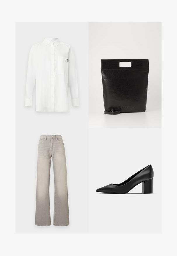 White long-sleeve shirt made of cotton-blend fabric, featuring a button-down collar, front pocket, and a small black logo on the chest.; Gray wide-leg jeans with a faded finish, button closure, five-pocket design, and stitched detailing along the seams.; Black leather pump with a pointed toe and a chunky square heel. Smooth texture, simple design, suitable for formal settings.; Black leather tote bag with a square handle, featuring a textured finish and embossed logo. Includes a detachable strap.