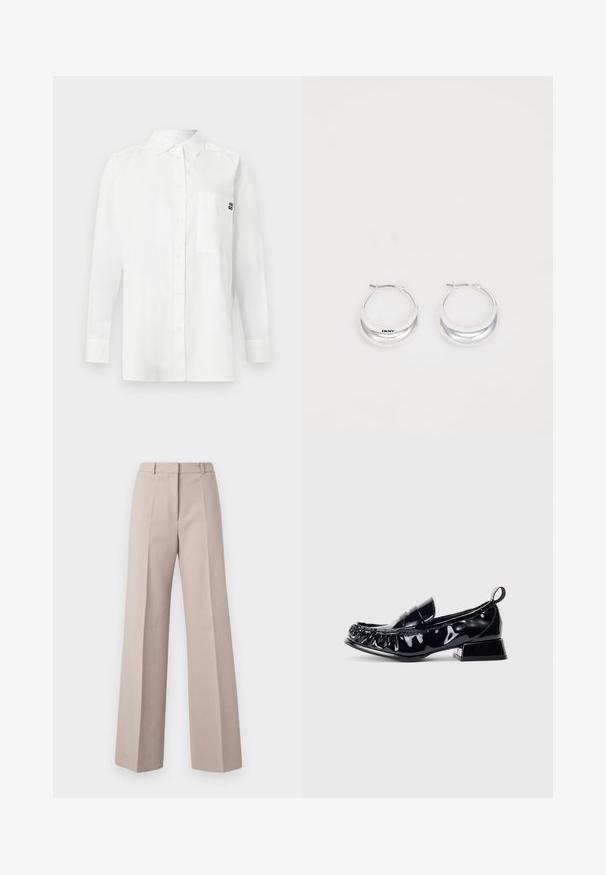 White long-sleeve shirt made of cotton-blend fabric, featuring a button-down collar, front pocket, and a small black logo on the chest.; Beige wide-leg trousers made from a smooth fabric, featuring a high waist, front pleats, and a tailored silhouette.; Black patent leather loafer with square toe, gathered detailing, low block heel, and pull tab at the back on a white background.; Silver hoop earrings with a polished finish and DKNY branding, displayed against a plain white background.