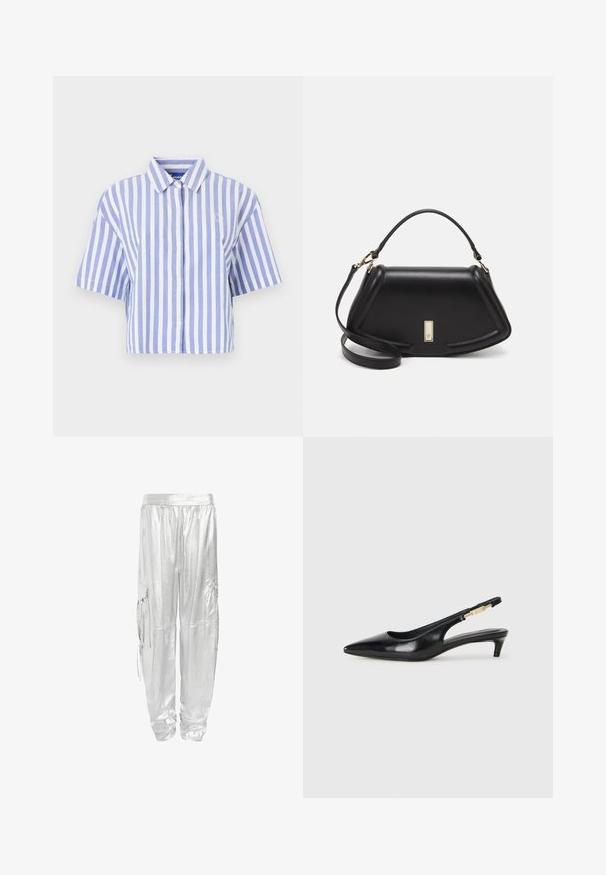 Krátký rukáv košile v světle modré a bílé vertikální pruhy, zapínání na knoflíky, klasický límeček, měkká texturovaná tkanina.; Stříbrné cargo kalhoty s lesklým, metalickým povrchem. Navrženy s elastickým pasem a dvěma bočními kapsami pro funkčnost.; Černé kožené boty na podpatku s otevřenou patou a špičatou špičkou, s tenkým podpatkem a zlatým akcentem na nastavitelném pásku. Hladký povrch.; Černá kožená kabelka se strukturovaným designem, jejíž tvar je zkrácený, má horní rukojeť a zlaté kovové detaily. Součástí je i nastavitelný ramenní popruh.