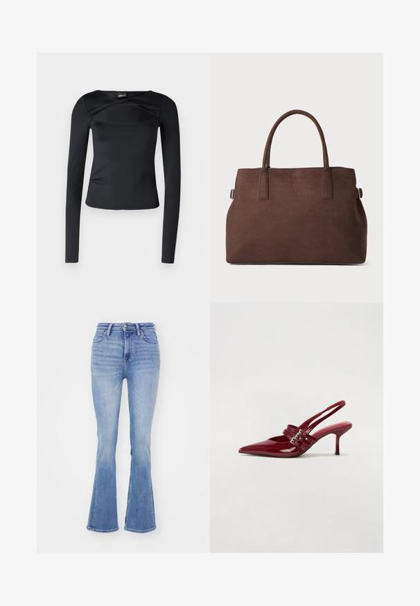 Juodas ilgomis rankovėmis maikas, pagamintas iš lygaus audinio. Pasižymi plačiu apvaliu iškirpimu ir suktuku priekyje, turintis aptemptą siluetą.; Šviesiai mėlynos plačios džinsinės kelnės, pagamintos iš denimo, su aukštu liemeniu, penkių kišenių dizainu ir lygiu paviršiumi su švelniu nudėvėjimu.; Raudoni blizgūs odiniai bateliai su atviru kulnu, smailiu nosiu, dviem užsegimais ir plonu, vidutinio aukščio stiletto kulnu. Lygus paviršius.; Ruda dirbtinės sušalimo medžiagos rankinė su dviem tvirtais užtrauktukais, struktūriška forma ir minimalistiniu dizainu, puikuojasi subtiliomis siūlėmis.