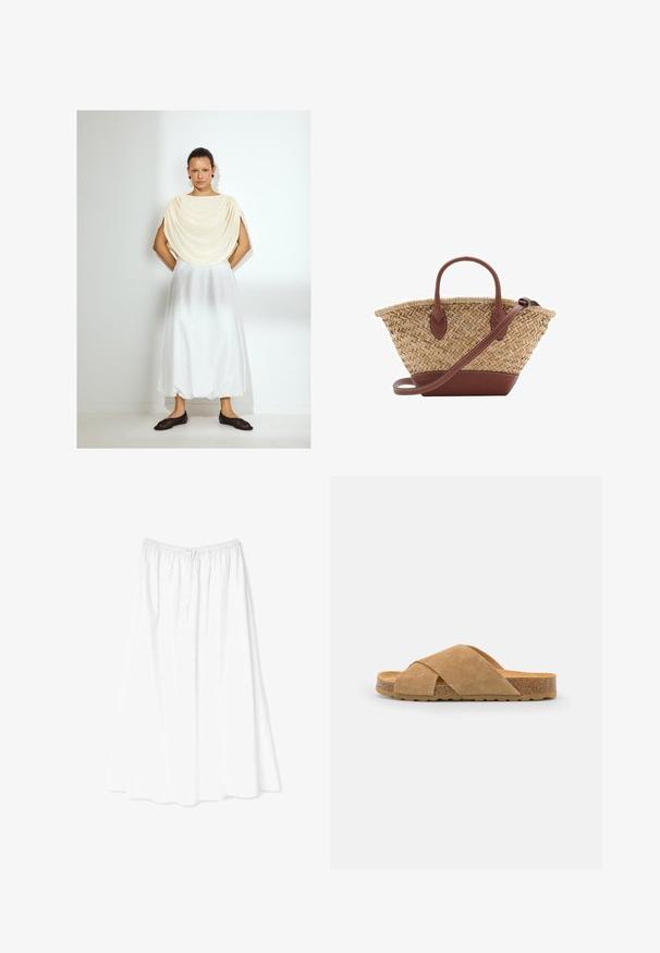 Haut drapé en crème clair, jupe blanche fluide et chaussures noires à enfiler. Textures de tissu lisses, design simple, longueur genoux. Style minimaliste.; Jupe blanche, longueur cheville, en tissu léger ; dotée d'une taille élastique et d'un délicat motif floral sur l'ensemble.; Sandale à bride croisée en suède de couleur marron clair avec une semelle en liège et un fond en caoutchouc texturé, dotée d'un design plat et d'un ajustement large.; Sac en osier tissé avec des accents en cuir marron, deux poignées et une bandoulière détachable. Forme courbée avec une base robuste.