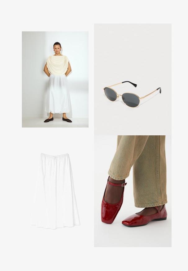 Light cream draped top, white flowing skirt, and dark slip-on shoes. Smooth fabric textures, simple design, knee-length. Minimalist style.; White, ankle-length skirt made of lightweight fabric; features an elastic waistband and delicate floral pattern throughout.; Red patent leather shoes with a square toe, low heel, and ankle strap, paired with light green wide-leg jeans. Smooth texture, reflective surface.; Oval sunglasses with dark lenses, gold metal frame, and braided gold sides. Black tips on the arms enhance design.; Brown leather tote bag with a soft texture, featuring a spacious design and a single strap. Worn with a blue denim jacket.