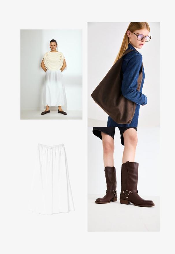 Lichtromige top, witte vloeiende rok en donkere instapschoenen. Soepele stofstructuren, eenvoudig ontwerp, knielang. Minimalistische stijl.; Witte, enkellange rok van lichtgewicht stof; heeft een elastische tailleband en een delicaat bloemenpatroon overal.; Bruine leren kniehoge laarzen met een ronde neus, gestructureerd oppervlak, enkelriem en zilveren hardware-detail; opgestapelde hak.; Bruine leren tote bag met een zachte textuur, met een ruime indeling en een enkele strap. Draag het met een blauwe spijkerjack.