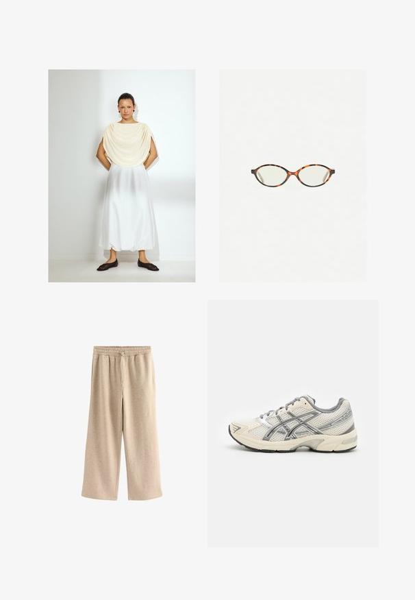 Haut drapé en crème clair, jupe blanche fluide et chaussures noires à enfiler. Textures de tissu lisses, design simple, longueur genoux. Style minimaliste.; Pantalons larges de couleur crème en tissu doux en mélange de coton. Ils présentent une taille élastique avec cordon de serrage et une texture subtilement mouchetée.; Baskets de course avec une tige en mesh blanc respirant, des accents argentés, des lacets gris et une semelle en caoutchouc noir durable. Design léger et rembourré.; Lunettes en écaille de tortue avec des verres ovales et une finition lisse et élégante. Présente des branches fines avec une courbure subtile au niveau des tempes. Verres transparents.