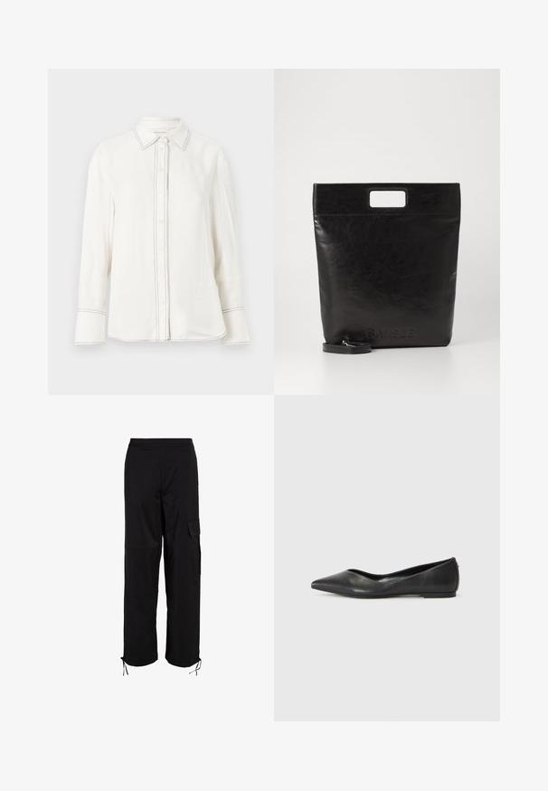 Bijela košulja dugih rukava od glatkog materijala s dugmadi sprijeda, šiljastim ovratnikom i kontrastnim crnim šavovima duž plave i oko manžeta.; Crne cargo hlače s elastičnim pojasom, bočnim džepom i podesivim vezicama na rubovima. Izrađene su od izdržljivog, teksturiranog materijala.; Crne kožne balerinke s nazupcanim prstom, niskom petom i glatkom teksturom. Minimalistički dizajn s suptilnim bočnim akcentom.; Crna kožna torba s kvadratnom drškom, s teksturiranim završetkom i utisnutim logotipom. Uključuje odvojivi remen.