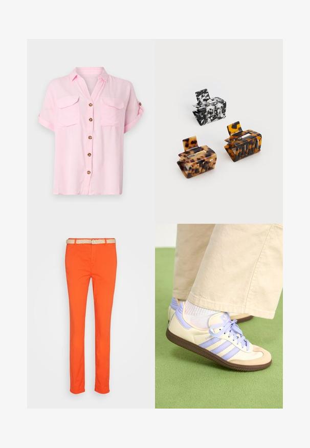 Ανοιχτό ροζ κοντομάνικο πουκάμισο με κουμπιά μπροστά, δύο τσέπες στο στήθος και γυρισμένα μανίκια. Φτιαγμένο από μαλακό, ελαφρύ ύφασμα.; Esprit MIT GÜRTEL - Chinos - bright orange; Κρέμα και λεβάντα αθλητικά παπούτσια με τρεις ρίγες και υφασμάτινη καφέ σόλα, με κορδόνια και επενδεδυμένο τακούνι. Μαλακό ύφασμα στην πάνω επιφάνεια.; Τρία τσιμπίδια μαλλιών: ένα μαρμάρινο σε ασπρόμαυρο χρώμα, δύο με χρωματισμούς καφέ και μαύρο σε καβουρομάτιο, όλα φτιαγμένα από γυαλιστερό πλαστικό με υφή.
