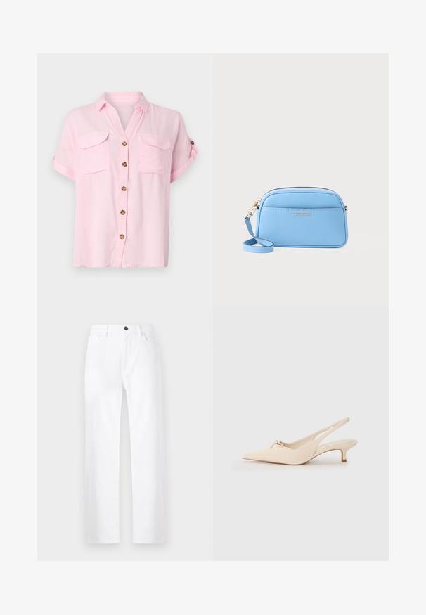 Cămașă scurtă de culoare roz deschis, cu mâneci scurte, cu nasturi la față, două buzunare pe piept și mâneci răsucite. Fabricată dintr-un material moale și ușor.; Jeans albi, cu picioare largi, din denim, având închidere cu nasture, buzunare frontale și un design curat, fără modele sau accente vizibile.; Pantofi slingback cu vârful ascuțit, din piele albă murdară, cu un detaliu mic sub formă de fundiță și un toc kitten mic. Textură netedă, design minimalist.; Geantă de umăr din piele albastru deschis, cu accente aurii, închidere cu fermoar și un buzunar frontal. Dispune de o curea ajustabilă pentru confort.