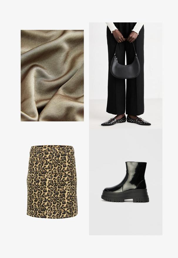 Glatte, metallische Stoff in einem gedämpften Goldton, mit feiner, strukturierter Webart und sanftem Fall sowie weichen, reflektierenden Eigenschaften.; Jeansrock mit Leopardenmuster in taillierter Passform, schwarzes und braunes Muster auf einem hellbeigen Grund, mit Eingrifftaschen vorne und einem klassischen Taillenbund.; Schwarze, glänzende Knöchelstiefel mit dickem Profilsohle und abgerundeter Zehenform, Seitenansicht vor einem schlichten, hellgrauen Hintergrund.; Schwarze Leder-Schultertasche mit runder Form, glänzender Oberfläche und silbernem Beschlag. Person trägt schwarze weit geschnittene Hosen und Nieten-Loafers.