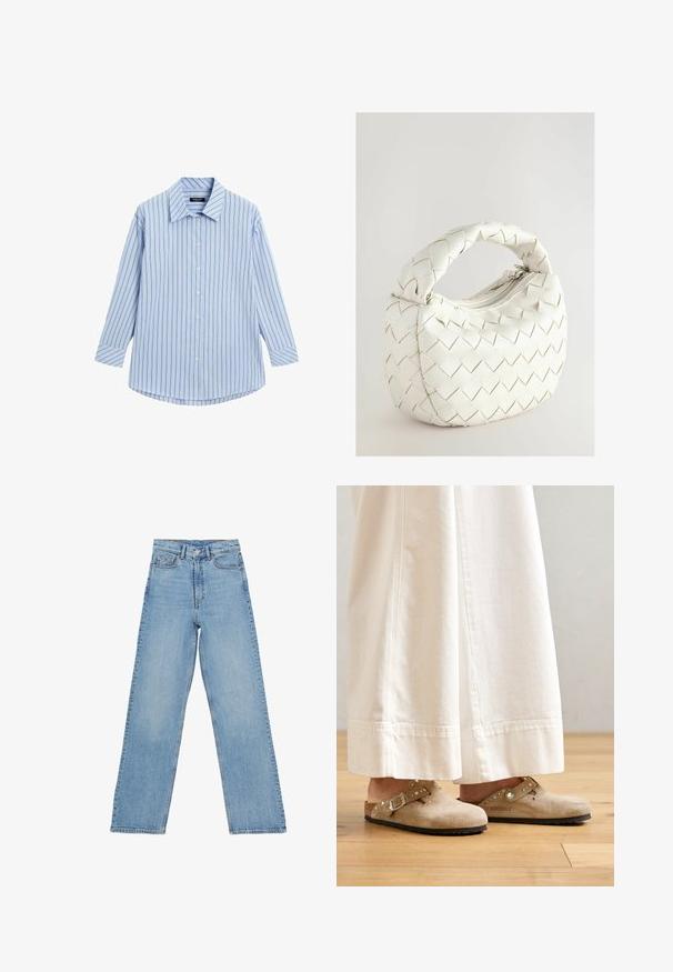 Lyseblå skjorte med knaplukning, vertikale hvide og tynde røde striber, lange ærmer, klassisk krave og en buet kanten.; Lys blå denim jeans med høj talje, lige ben-design, der har fem lommer og en knaplukning. Ingen synlige mønstre.; Beige ruskinds clogs med en spænde og nikkede accenter, iført med hvide brede bukser, sat på et trægulv.; Hvid flettet håndtaske med et rundt håndtag, der har en lynlåslukning og en polstret tekstur. Glat finish og geometrisk mønster på overfladen.