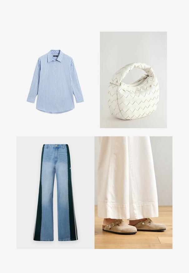 Camicia azzurro chiaro con righe verticali bianche e sottili rosse, maniche lunghe, colletto classico e orlo curvo.; Jeans a gamba larga azzurro chiaro con pannelli laterali verde scuro e strisce bianche, dotati di chiusura frontale con bottone e cerniera.; Zoccoli in suede beige con cinturino fibbiato e dettagli di borchie, indossati con pantaloni bianchi a gamba larga, poggiati su un pavimento in legno.; Borsa intrecciata bianca con manico arrotondato, dotata di chiusura a zip e una texture imbottita. Finitura liscia e motivo geomtrico sulla superficie.