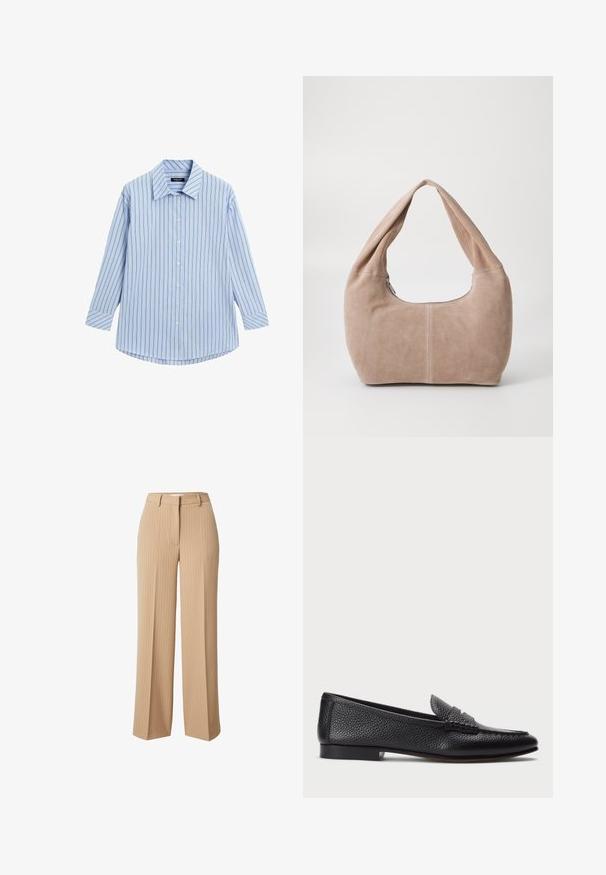 Lichtblauw overhemd met verticale witte en dunne rode strepen, lange mouwen, klassieke kraag en een gebogen zoom.; Beige gestreepte wijde broek met een op maat gemaakte tailleband en riemlussen, met een gladde textuur en een klassieke, rechte pasvorm.; Zwarte leren instapper met een gestructureerde afwerking, voorzien van een decoratieve band en platte hak. Slank, minimalistisch ontwerp met een ronde neus.; Hobo-tas gemaakt van zacht, suède materiaal in een lichtbeige kleur. Heeft een ronde vorm met een brede schouderband en een ritssluiting.