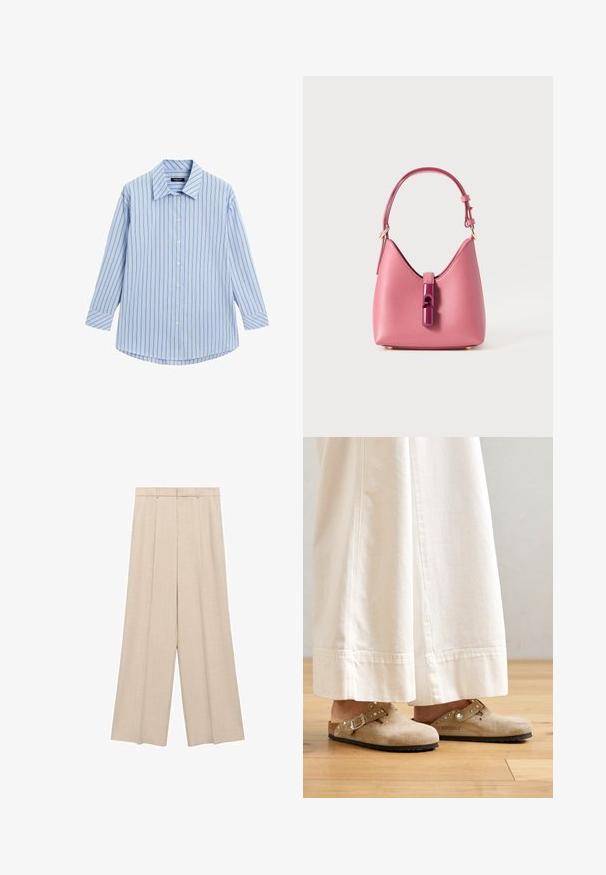 Ljusblå skjorta med knappar och vertikala vita och tunna röda ränder, långa ärmar, klassisk krage och böjd nederkant.; Beige vida byxor med framveck, platt midjeband och textilstruktur, med skräddarsydd passform och ankellång design.; Beiga mockasiner i mocka med en spännsrem och nitar, bärs med vita vida byxor, placerade på ett trägolv.; Rosa läderhandväska med en strukturerad form, med en glänsande stängning och ett enda justerbart band. Texturerad yta med detaljer i guld.