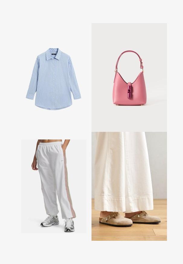 Lyseblå skjorte med knaplukning, vertikale hvide og tynde røde striber, lange ærmer, klassisk krave og en buet kanten.; Hvide atletiske bukser med en elastisk talje, der har pastelfarvede lyserøde og beige sidelister. Fremstillet af let, glat stof.; Beige ruskinds clogs med en spænde og nikkede accenter, iført med hvide brede bukser, sat på et trægulv.; Lyserød læderhåndtaske med en struktureret form, der har en blank accenteringslås og en enkelt justerbar rem. Tekstureret finish med guldhardware.