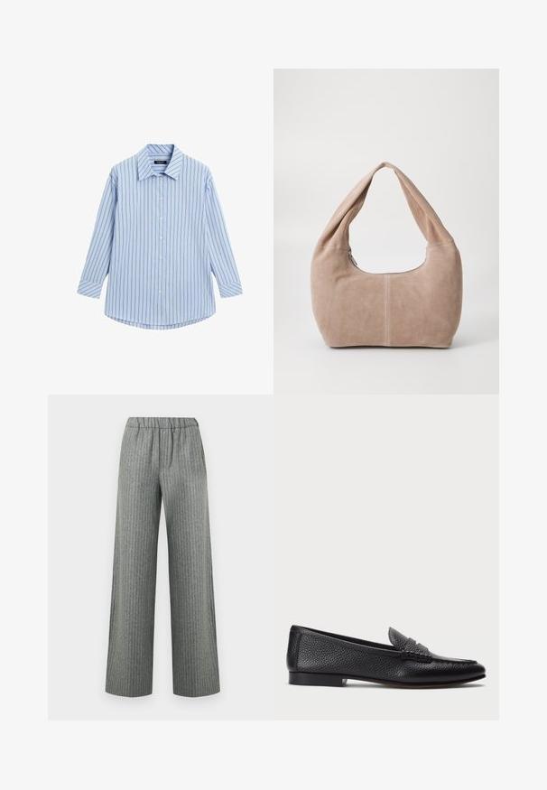 Light blue button-up shirt with vertical white and thin red stripes, long sleeves, classic collar, and a curved hemline.; Gray pinstripe wide-leg trousers with elastic waistband, front pockets, and a straight cut.; Black leather loafer with a textured finish, featuring a decorative strap and flat heel. Sleek, minimal design with rounded toe.; Hobo bag made of soft, suede material in a light beige color. Features a rounded shape with a wide strap and zip closure.