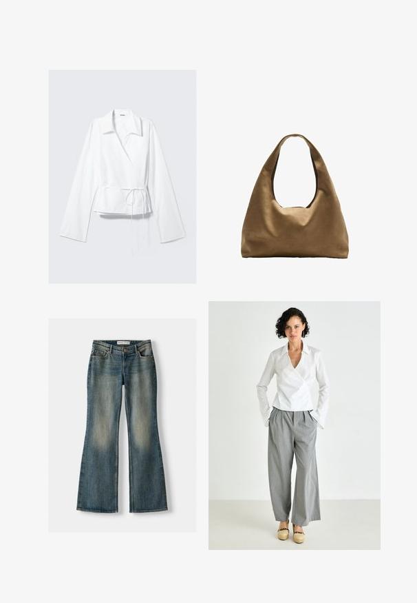 Hvid indpakningsbluse lavet af glat materiale, med en indhakskrage, lange ærmer og en tætsiddende talje med en bånddetalje. Simpelt og moderne design.; Blå flared jeans med en falmet vask, fem lommer og knaplukning. Materialet viser en denimtekstur med subtile syninger.; Hvid bluse med krave, kombineret med grå stribede bredde ben bukser og tan platform sko. Glat stof og afslappet pasform.; Brun stof skuldertaske med en bred, rundet krop og et stort udsnit håndtag. Blød tekstur, minimalistisk design og ingen synlig hardware.