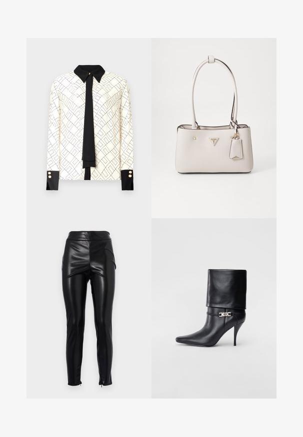 Bluza z dolgimi rokavi v slonokoščeni barvi z črnimi geometrijskimi vzorci, kontrastnim črnim ovratnikom in manšetami ter črnim detajlom s kravato. Zlati gumbi na manšetah.; Črne hlače iz umetnega usnja z visokim pasom, gladko in sijočo teksturo, stranskimi šivi in zadrgami na gležnjih za prilegajočo silhueto.; Črne usnjene gležnjarje z ostrim nosom, visokim stiletto peto, zavihanim robom in zlatim okrasnim zaponko na gležnju.; Bežna torbica iz umetnega usnja z gladko teksturo, dvema naramnicama, zlatim okovjem, oznako z logotipom in pripetim oznako.