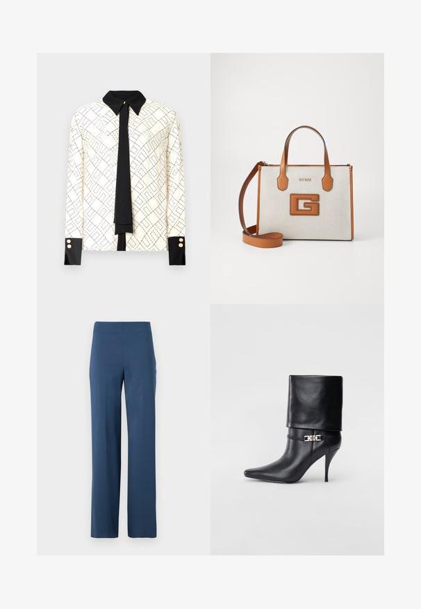 Langarm blouse in ivoorkleur met zwart geometrisch patroon, contrasterende zwarte kraag en manchetten, en een zwarte strikdetail. Gouden knoopaccenten bij de manchetten.; Donkerblauwe, wijde broeken gemaakt van een zachte, rekbare stof. Kenmerken zijn een hoge taille en een strakke, ongecompliceerde uitstraling zonder zakken.; Zwarte leren enkelboot met een spitse neus, hoge stilettohak, opgevouwen manchet en een gouden decoratieve gespdetails op de enkel.; Tans en beige handtas met logo, structuurstof, twee handvatten en een afneembare schouderriem. Bevat gouden letters en een kenmerkend G-embleem.