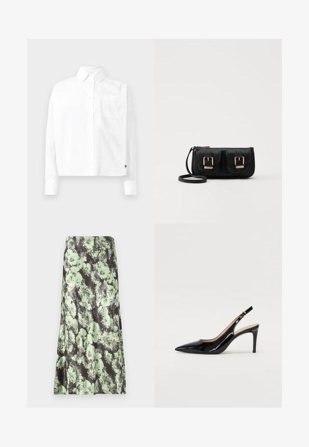 White long-sleeve button-up shirt with a pointed collar, single chest pocket, and cuffed sleeves. Made of smooth, lightweight fabric.; Floral skirt featuring a black base color with light green floral patterns. Material appears smooth with a slightly shiny texture and a flared shape.; Black patent leather slingback pump with pointed toe, slim heel, and a subtle cutout design. Features a gold buckle on the strap.; Black leather crossbody bag with two front pockets, gold buckles, zipper closure, and a slim strap. Textured surface and compact rectangular shape.