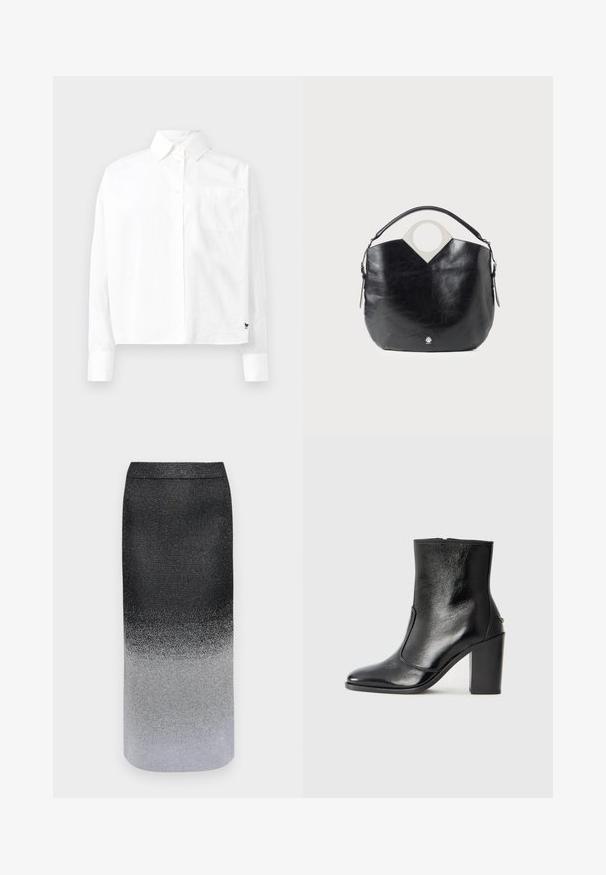 Bílá košile s dlouhým rukávem a knoflíkovým zapínáním, s špičatým límcem, jednou náprsní kapsou a manžetami. Vyrobena z hladké, lehké látky.; Metalická sukně s ombré designem, přecházející z černé na vrchu do stříbrné na dně, s hladkou texturou a štíhlým tvarem.; Černé kožené kotníkové boty s hladkou texturou, špičatou špičkou a robustním vysokým podpatkem. Mají boční otvor a minimalistický design.; Černá kožená taška s zakřiveným tvarem, kulatým horním madlem a stříbrným logem. Hladká textura a výrazný výřez v designu.