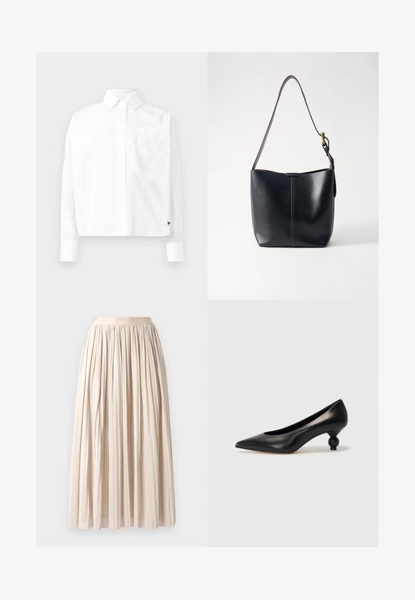 White long-sleeve button-up shirt with a pointed collar, single chest pocket, and cuffed sleeves. Made of smooth, lightweight fabric.; Pleated midi skirt in light beige fabric. Features an elastic waistband and flowing design, showcasing a textured finish and gentle drape.; Black leather high heel shoe with a pointed toe and a round, balled heel. Smooth texture with a sleek, minimal design.; Black leather shoulder bag with a smooth texture, featuring a thin, long strap and a subtle stitched detail down the center.