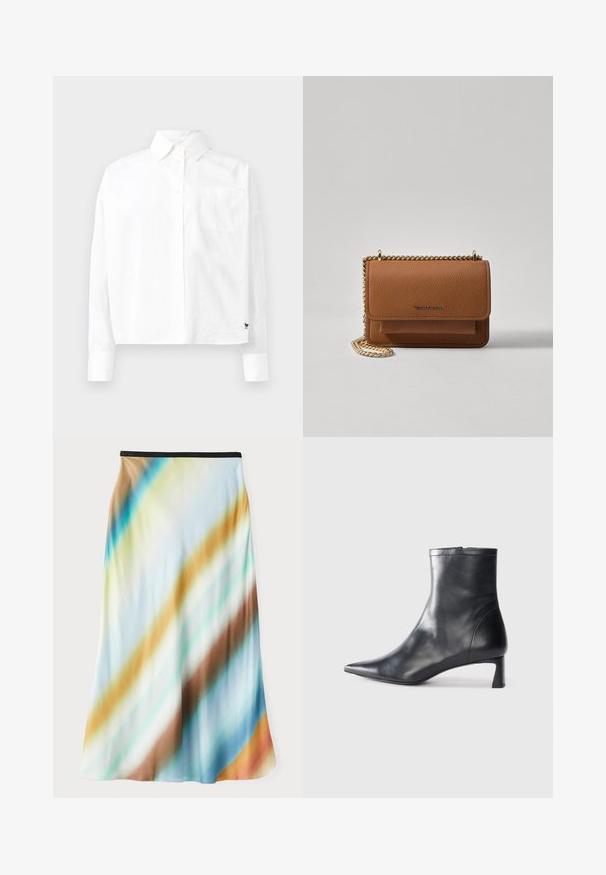 Cămașă albă cu mâneci lungi, cu guler pointat, un singur buzunar pe piept și manșete la încheietură. Fabricată dintr-un material neted și ușor.; Fustă midi dintr-un material ușor și fluid. Prezintă un model gradient cu dungi diagonale în nuanțe de albastru, brun și crem. Brâu negru.; Cizmă de gleznă din piele neagră cu vârf ascuțit și un design elegant. Dispune de un toc mic și de o închidere cu fermoar la spate. Textură netedă.; Geantă crossbody din piele texturată maro, cu curea din lanț aurit și închidere cu clapetă. Partea din față prezintă detalii cu logo și o buzunar sub clapetă.