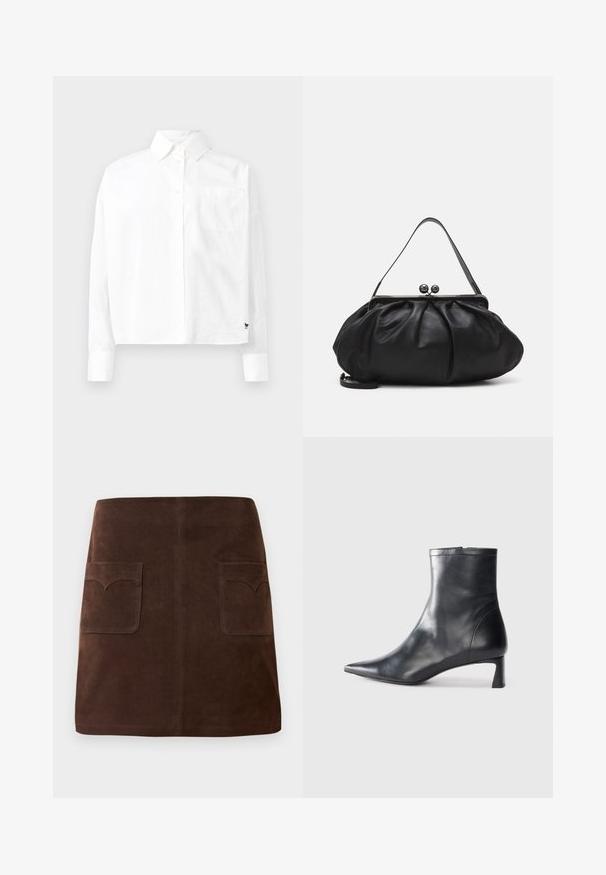 Balta ilgų rankovių marškiniai su apvaliu apykakle, viena krūtinės kišenė ir užlaidos rankovėse. Pagaminta iš glotnaus, lengvo audinio.; Ruda veliūrinė sijonas, pasižymintis klasikinio A formos siluetu, dviem priekinėmis kišenėmis su apvaliais uždangaliukais ir subtiliais siuvinėjimo akcentais.; Juodas odinis kulkšninis batas su smailiu pirštu ir elegantišku dizainu. Turi žemą kulną ir užtrauktuką gale. Lygi tekstūra.; Juodas odinis rankinė su apvalia, raukšlėtą dizainą. Priedai metalinė užsegimas su dviem dekoratyvinėmis kamuoliukais ir plona, nuimama pakaba.