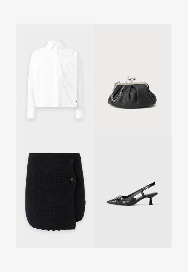 Camisa blanca de manga larga con cuello puntiagudo, un bolsillo en el pecho y mangas con puños. Fabricada en una tela suave y ligera.; Wrap negro de punto con un patrón texturizado, dobladillo con volantes y dos grandes botones para el cierre. Material suave con un diseño acogedor.; Zapato de slingback negro de piel con punta afilada, correas decorativas con ojales de metal y un tacón bajo y ancho. Superficie texturizada.; Clutch de cuero negro con textura arrugada, marco de metal en tono plateado, cierre de beso y cadena para colgar. Superficie suave y lisa.