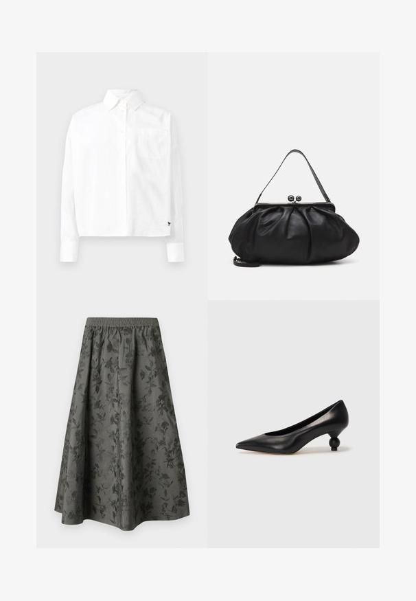 Valge pika varrukaga nööbiga särk, millel on terav krae, üks rinnatasku ja mansetid. Valmistatud siledast, kergekaalulisest kangast.; Tumehall midi seelik elastse vööga, millel on kogu pinnal reljeefne lillemuster, mis lisab tekstuuri ja visuaalset huvi.; Must musta kõrge kontsaga king, millel on terav nina ja ümar, pallikujuline konts. Sile pind ja elegantne, minimalistlik disain.; Must mustrida nahk-kott ümmarguse, kortsunud disainiga. Varustatud metallist klambriga, millel on kaks dekoratiivset palli ja õhuke, eemaldatav rihm.