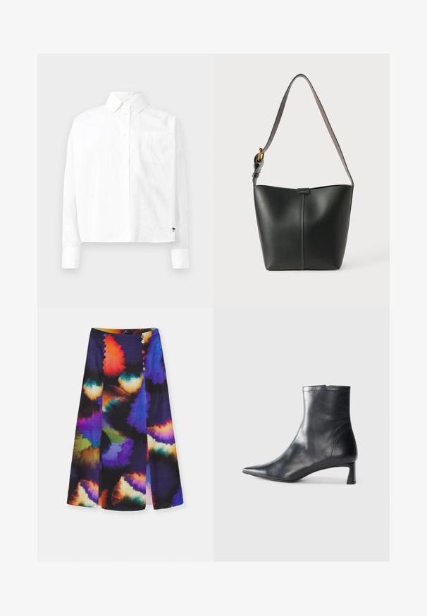 Biela dlhá košeľa s hodvábnymi rukávmi, so špicatým golierom, jednou náprsníkovou vreckom a manžetami. Vyrobená z hladkého, ľahkého materiálu.; PS Paul Smith WOMENS SKIRT - Puzdrová sukňa - multicolored; Čierne kožené členkové topánky s špicatou špičkou a elegantným dizajnom. Majú nízky podpätok a zips na zadnej strane. Hladká textúra.; Čierna kožená kabelka na rameno s hladkým povrchom, zakriveným tvarom a jedným nastaviteľným popruhom s kultivovaným zlatým kovom a značkovým akcentom.