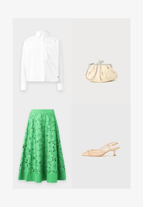 Camisa branca de manga longa com colarinho pontudo, um bolso no peito e mangas com punho. Feita de um tecido liso e leve.; Saia verde com designs de recortes florais, textura suave e uma cintura ajustada. A bainha é sólida e ligeiramente godê.; Stuart Weitzman KITTY - Saltos clássicos - beige/barely beige; Clutch de couro bege plissado com uma estrutura de metal prateado, apresentando dois fechos decorativos redondos e uma alça de corrente prateada.