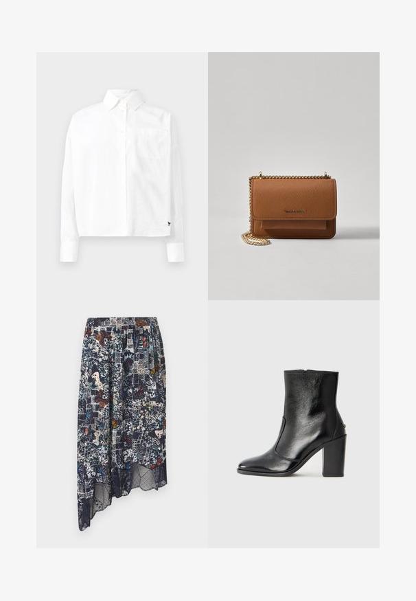 Chemise blanche à manches longues avec col pointu, poche poitrine simple et manches à poignets. Fabriquée en tissu lisse et léger.; Zadig & Voltaire JOSLIN SOFT BUTTERFLIES - Jupe trapèze - encre; Bottine en cuir noir, avec une texture lisse, un bout pointu et un talon chunky haut. Présente une ouverture sur le côté et un design minimaliste.; Sac en cuir texturé marron en bandoulière avec une sangle en chaîne dorée et une fermeture à rabat. L'avant présente un détail de logo et une poche sous le rabat.