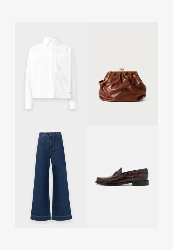 Balta garām piedurknēm pogājama krekla ar norādītu apkakli, vienu krūšu kabatu un aprocēm. Izgatavots no gludas, vieglas auduma.; Plati ziladenim bikses ar augstu jostasvietu, kas aprīkotas ar pogas aizdari, jostu cilpām un nelieliem šuvju detalizējumiem ap kabatām un malām.; Burgundijas ādas loaferi ar krokodila rakstu, ar dekoratīvu sprādzi, noapaļotu purngalu un zemu melnu zoli.; Brūns ādas clutch soma ar zelta aizdari un īsu zelta ķēdes rokturi, kas iezīmējas ar mīkstu, sakļautu tekstūru uz baltā fona.