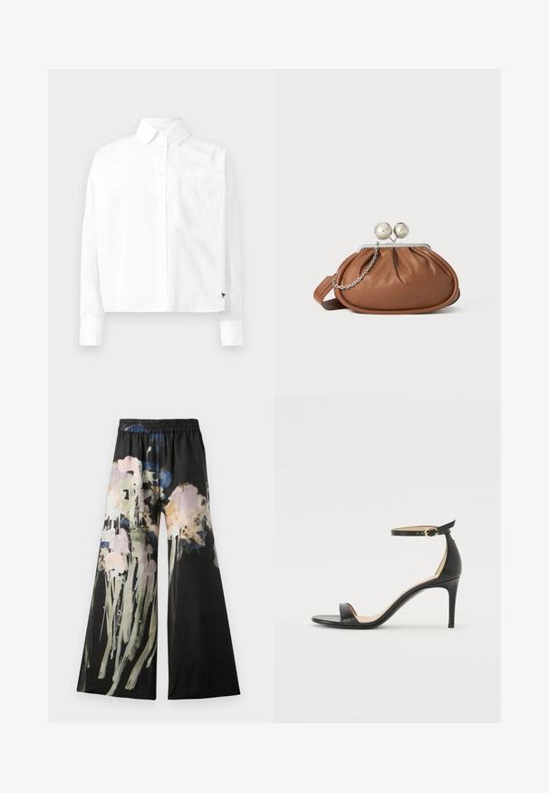 Chemise blanche à manches longues avec col pointu, poche poitrine simple et manches à poignets. Fabriquée en tissu lisse et léger.; Pantalons larges en tissu noir avec un imprimé floral aquarelle dans des tons de rose, bleu et vert ; ceinture élastique pour plus de confort.; Sandale à talons hauts en cuir noir avec une lanière de cheville. Présente une texture lisse, un bout ouvert et un talon fin. Détail de boucle en ton doré.; Pochette en cuir marron avec un fermoir à boule en argent et un petit détail en chaîne argentée sur fond blanc.