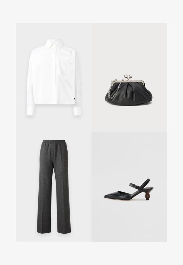 Fehér, hosszú ujjú, gombos ing, hegyes gallérral, egyetlen mellzsebbel és kis mandzsettával. Simább, könnyű anyagból készült.; Szürke, textúrázott, bő szárú nadrág, rugalmas derékkal, diszkrét halszálkamintával. Puha anyagból készült, kényelmes, laza szabású.; Fekete bőr szandálcipő hegyes orral, íves kialakítással és kerek, fára hasonlító sarokkal. Keskeny bokapánttal rendelkezik.; Fekete bőr táska ráncolt textúrával, ezüst színű fémszerkezettel, csattal záródó fedéllel és láncos pánttal. Simító, puha felület.