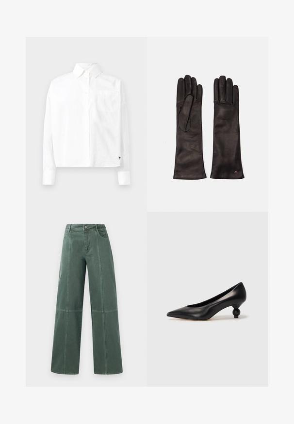 Balta garām piedurknēm pogājama krekla ar norādītu apkakli, vienu krūšu kabatu un aprocēm. Izgatavots no gludas, vieglas auduma.; Plati bikses tumši zaļā denīmā, ar izšūtu šuvēm, piecām kabatām un aizdari jostas vietā. Gluda tekstūra un ikdienišķs dizains.; Melnas ādas augstpapēžu kurpes ar smailu purngalu un apaļu papēdi. Gluda tekstūra ar elegantu, minimālistisku dizainu.; Weekend Max Mara SENAPE - Cimdi - nero