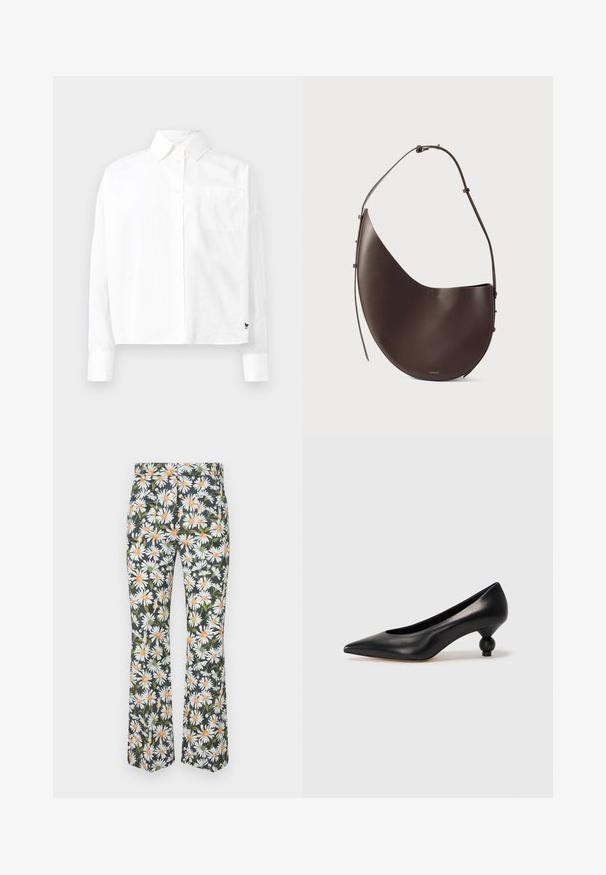 White long-sleeve button-up shirt with a pointed collar, single chest pocket, and cuffed sleeves. Made of smooth, lightweight fabric.; Flared trousers in a floral pattern featuring white daisies with orange centers on a dark background. Made from lightweight fabric.; Black leather high heel shoe with a pointed toe and a round, balled heel. Smooth texture with a sleek, minimal design.; Brown leather handbag with a curved shape, single strap, and minimalistic design. Features a subtle logo and gold hardware accents.