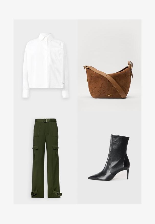Valge pika varrukaga nööbiga särk, millel on terav krae, üks rinnatasku ja mansetid. Valmistatud siledast, kergekaalulisest kangast.; Rohelised cargo püksid, mis on valmistatud vastupidavast kangast. Omadusteks on vöödiga talje, mitu suurt taskut ja võimalikud vööd pahkluude juures.; Mustad mustajalatsid, mis on valmistatud siledast nahast, omavad teravat nina, kitsast varre ja peenikest kõrget kontsa. Minimalistlik disain, ilma nähtava riistvaraeta.; Pruun sametist õlavarre kott, millel on reljeefne lillemuster, mida täiendab sile pruun nahast rihm ja kuldse tooni lisandid.