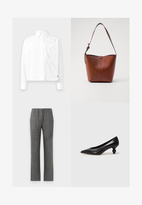 Weißes Langarmhemd mit Knopfleiste, spitzem Kragen, einer Brusttasche und geknöpften Ärmeln. Hergestellt aus glattem, leichtem Stoff.; Graue, strukturierte Hose mit elastischem Bund und geradem Bein. Verfügt über ein subtile Muster für zusätzlichen visuellen Reiz.; Schwarze Leder-Pumps mit spitzem Zehenbereich und runder, ballförmiger Ferse. Glatte Textur mit einem eleganten, minimalistischen Design.; Braune Leder-Schultertasche mit geschwungener Form, glatter Textur und einem einzelnen dünnen Trageriemen. Verfügt über eine dezente Naht und ein kleines Logodetail.