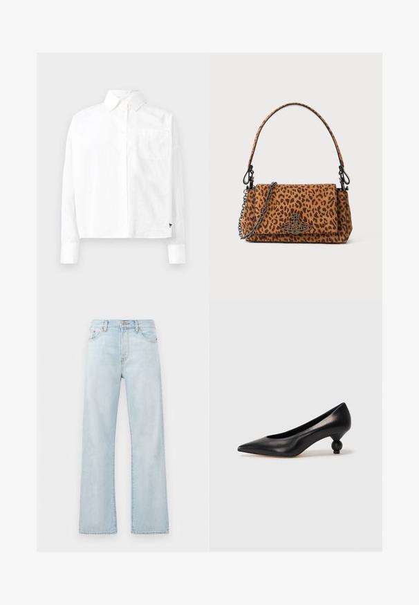 White long-sleeve button-up shirt with a pointed collar, single chest pocket, and cuffed sleeves. Made of smooth, lightweight fabric.; Light blue denim jeans with a high waist, wide-leg design, and subtle fading. Features classic five-pocket styling and tonal stitching accents.; Black leather high heel shoe with a pointed toe and a round, balled heel. Smooth texture with a sleek, minimal design.; Leopard print handbag made of suede with a short handle, a chain strap, and a black hardware clasp. Rectangular shape with a flap closure.