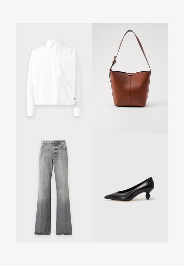 White long-sleeve button-up shirt with a pointed collar, single chest pocket, and cuffed sleeves. Made of smooth, lightweight fabric.; Gray flared jeans in denim, featuring a faded effect, standard waistband with button closure, and stitching accents on pockets.; Black leather high heel shoe with a pointed toe and a round, balled heel. Smooth texture with a sleek, minimal design.; Brown leather shoulder bag with a curved shape, smooth texture, and a single thin strap. Features a subtle seam and a small logo detail.