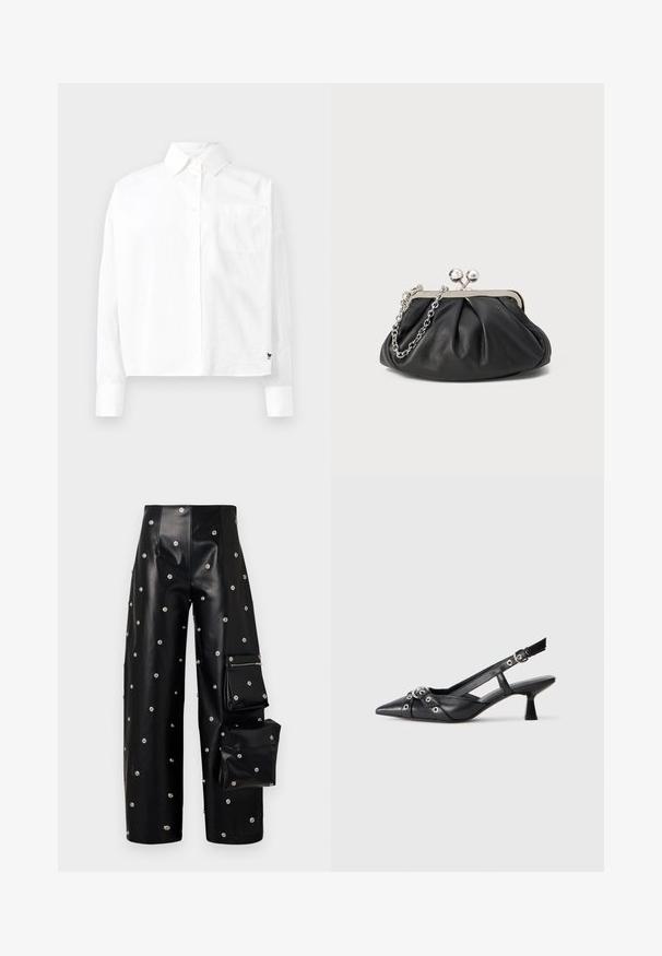 Fehér, hosszú ujjú, gombos ing, hegyes gallérral, egyetlen mellzsebbel és kis mandzsettával. Simább, könnyű anyagból készült.; A.W.A.K.E. MODE COVERED TROUSER WITH SNAP ON POCKETS - Nadrágok - black; Fekete bőr slingback cipő hegyes orral, dekoratív pántokkal, fém szemekkel és alacsony blokk sarkú. Texturált felület.; Fekete bőr táska ráncolt textúrával, ezüst színű fémszerkezettel, csattal záródó fedéllel és láncos pánttal. Simító, puha felület.
