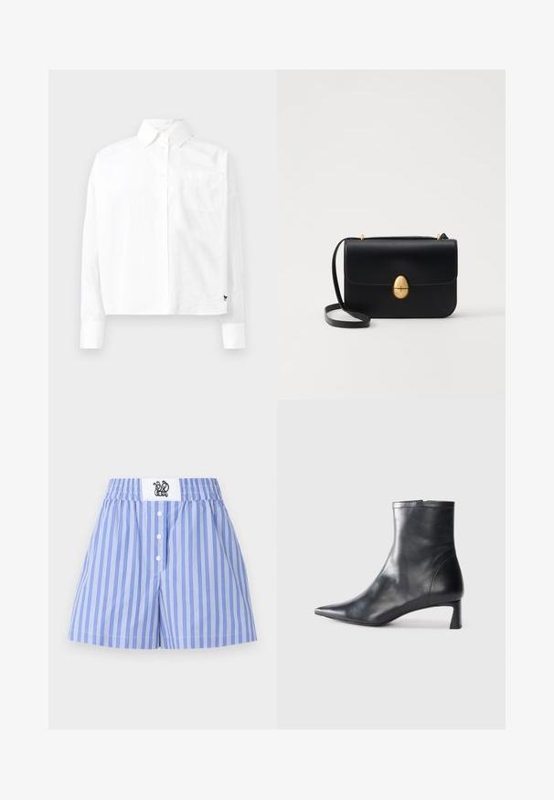 Biela dlhá košeľa s hodvábnymi rukávmi, so špicatým golierom, jednou náprsníkovou vreckom a manžetami. Vyrobená z hladkého, ľahkého materiálu.; Modré a biele pruhované šortky s elastickým pásom, predným zapínaním na gombík a bielym logom na páse.; Čierne kožené členkové topánky s špicatou špičkou a elegantným dizajnom. Majú nízky podpätok a zips na zadnej strane. Hladká textúra.; Čierna kožená kabelka so štruktúrovaným obdĺžnikovým tvarom. Obsahuje zlaté oválne zapínanie a tenký ramenný popruh. Hladká textura.